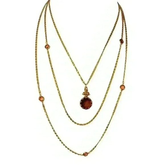 Vintage Goldette 3 Strand Cameo Necklace Amber Crystal Glass Intaglio 1950s - Picture 11 of 16